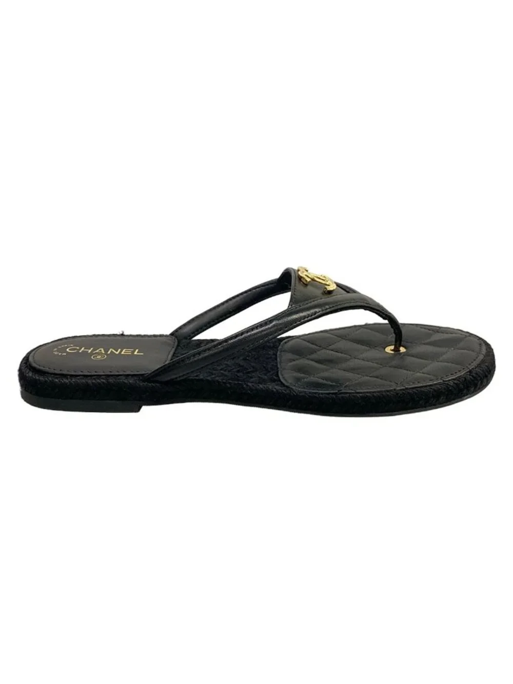 Chanel Beach Sandals Black Metiers d'Art Collection CC Logo Gold Lambskin
